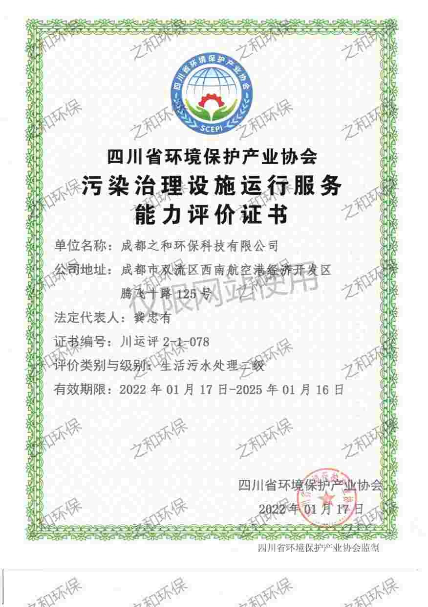 污染治理设施运行服务—生活污水处理二级